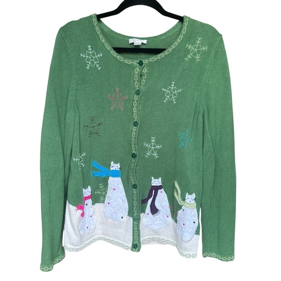 Vintage Christopher & Banks Christmas Cat Snowman Embroidered Sweater XL Green - Picture 1 of 8